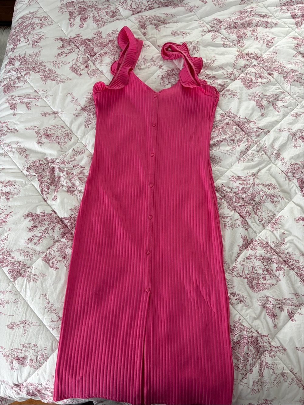 Zara Fuchsia Ribbed Button-Front Midi Dress with Ruffled Straps